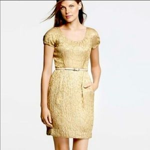 J. Crew gold tan floral brocade short sleeve pencil dress cocktail evening